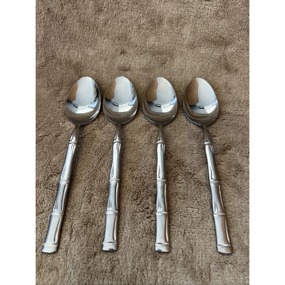 Stainless Steel Japan Oval Soup Spoons Bamboo Pattern‎ Lot Of 4